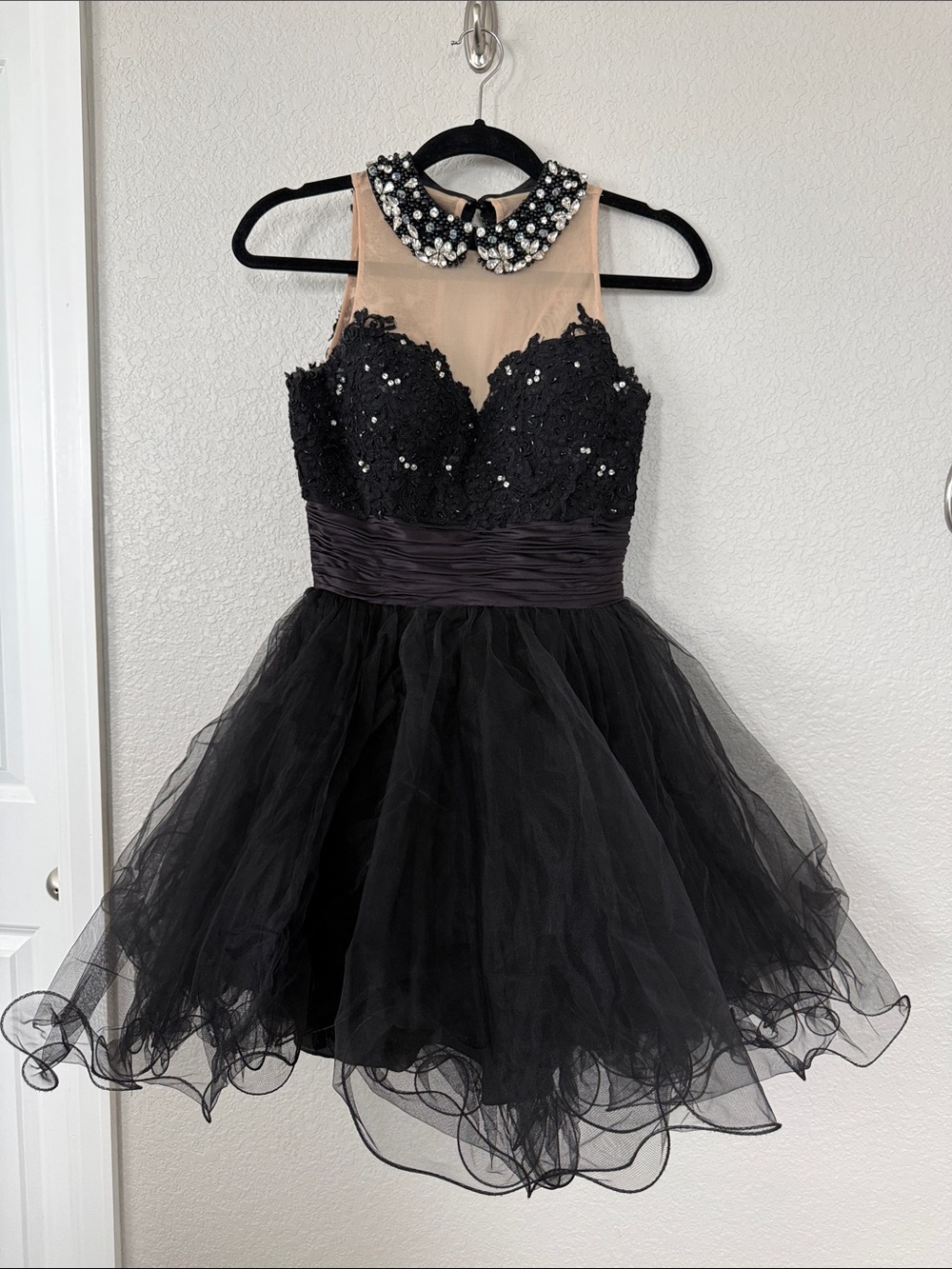 Sherri Hill Black Lace & Tulle Mini Dress with Embellished Collar